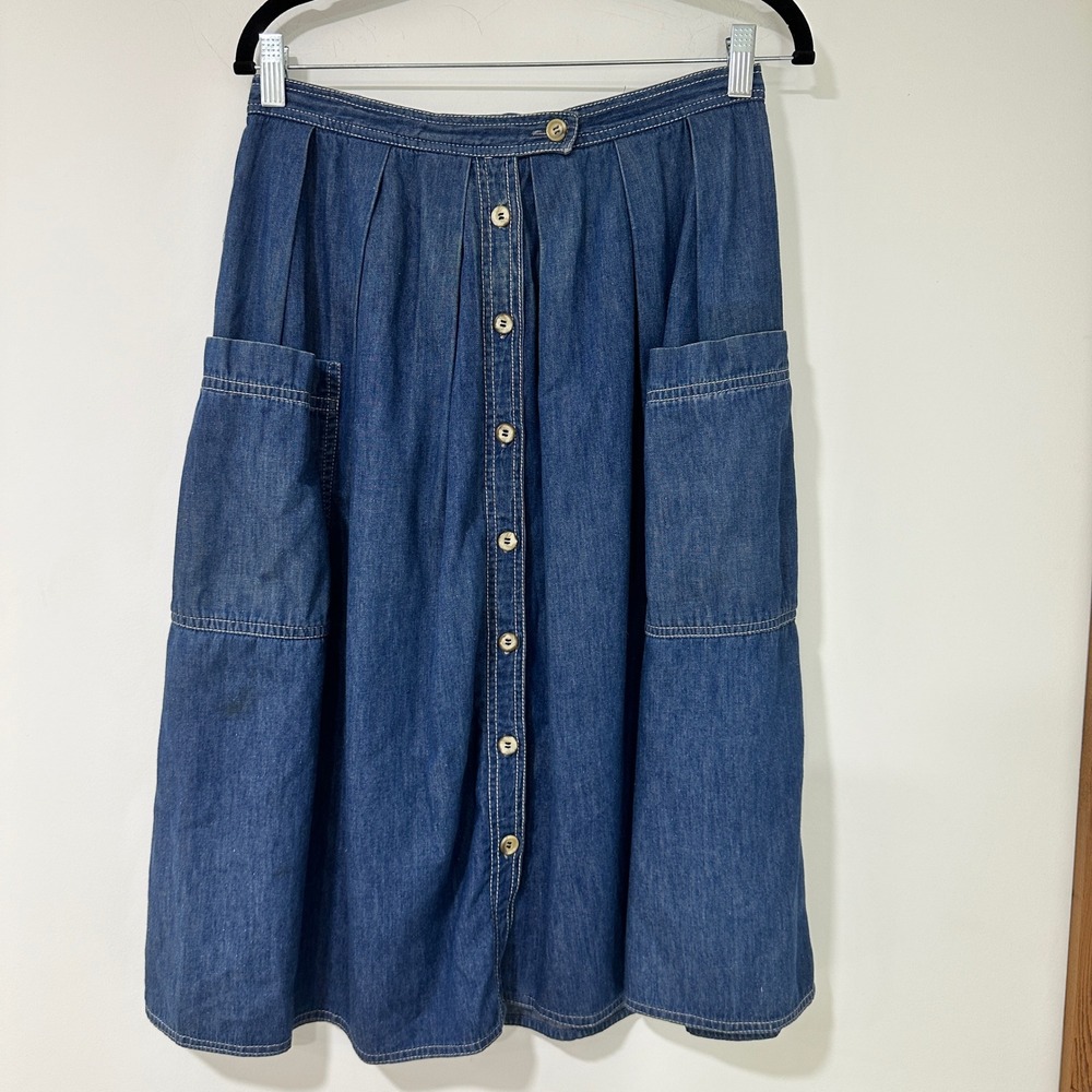 Vintage Classic of Boston Womens 14 Denim Midi Skirt Button Front Made USA